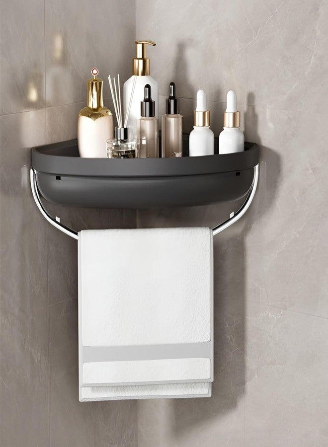 HOOPVOOL منظم رفوف الحمام البلاستيكي من هوبفول، رف دش ذاتي اللصق سهل التركيب بدون حفر، رف مثبت على الحائط، مع حامل مناشف ومناديل بخطاف، يستخدم للحمام والمطبخ (زاوية، أسود) - Image 1